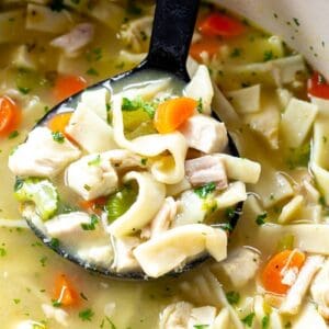 A ladle lifting homemade chicken noodle soup with egg noodles, carrots, celery and rotisserie chicken from a red pot